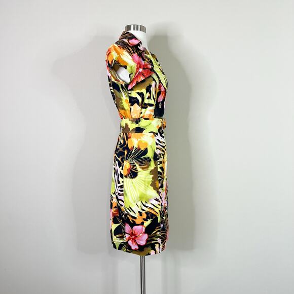 Cache | 90s Vintage Tropical Animal Print Double Breasted Belted Sheath Dress 8 - Picture 5 of 10
